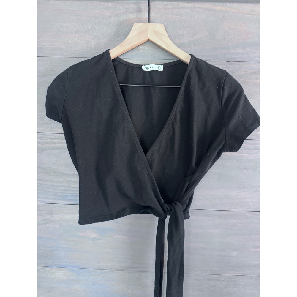 Sozy Elena Crop Top Black Wrap Side Tie Short Sleeve V-Neck Small - Picture 3 of 5